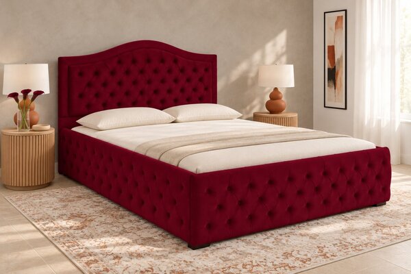 Pat tapițat Chesterfield din catifea Solaria Deluxe 120×200 cm, vișiniu, cu ladă de depozitare