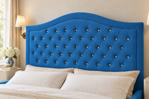 Pat tapițat Chesterfield din catifea Solaria Deluxe Cristal 120×200 cm, albastru, cu ladă de depozitare