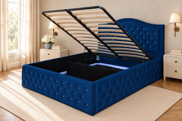 Pat tapițat Chesterfield din catifea Solaria Deluxe Cristal 120×200 cm, bleumarin, cu ladă de depozitare