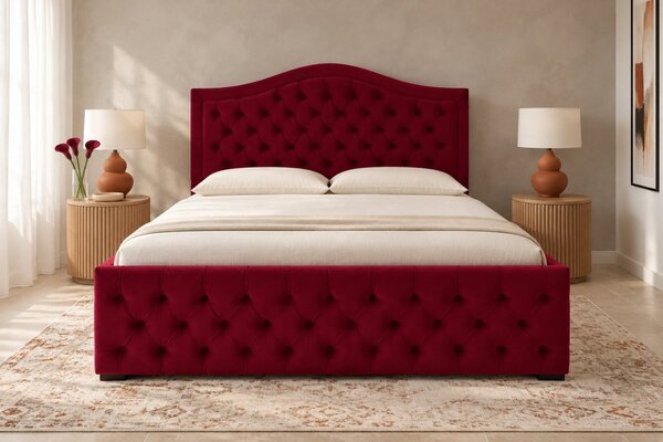 Pat tapițat Chesterfield din catifea Solaria Deluxe 120×200 cm, vișiniu, cu ladă de depozitare