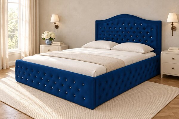 Pat tapițat Chesterfield din catifea Solaria Deluxe Cristal 120×200 cm, bleumarin, cu ladă de depozitare