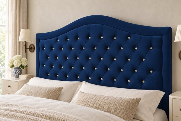 Pat tapițat Chesterfield din catifea Solaria Deluxe Cristal 120×200 cm, bleumarin, cu ladă de depozitare