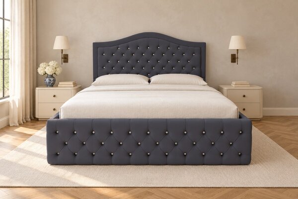 Pat tapițat Chesterfield din catifea Solaria Deluxe Cristal 120×200 cm, gri închis, cu ladă de depozitare