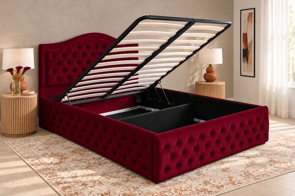 Pat tapițat Chesterfield din catifea Solaria Deluxe 120×200 cm, vișiniu, cu ladă de depozitare