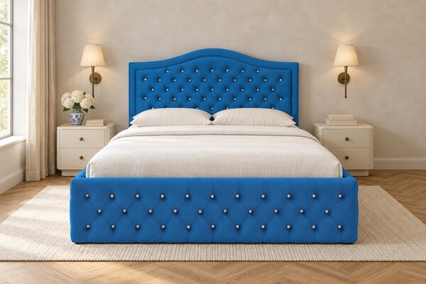 Pat tapițat Chesterfield din catifea Solaria Deluxe Cristal 120×200 cm, albastru, cu ladă de depozitare