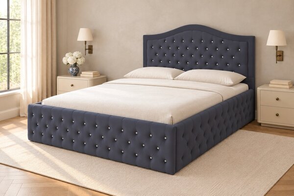 Pat tapițat Chesterfield din catifea Solaria Deluxe Cristal 120×200 cm, gri închis, cu ladă de depozitare