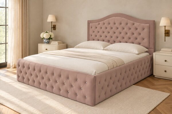 Pat tapițat Chesterfield din catifea Solaria Deluxe Cristal 120×200 cm, cappuccino, cu ladă de depozitare