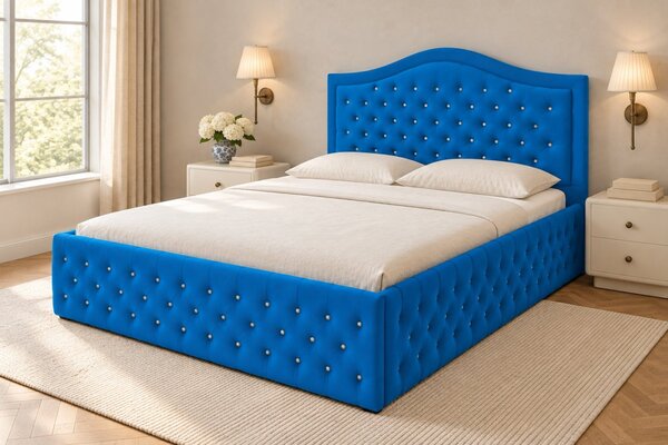 Pat tapițat Chesterfield din catifea Solaria Deluxe Cristal 120×200 cm, albastru, cu ladă de depozitare