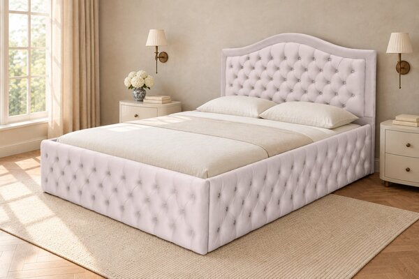 Pat tapițat Chesterfield din catifea Solaria Deluxe Cristal 120×200 cm, crem, cu ladă de depozitare
