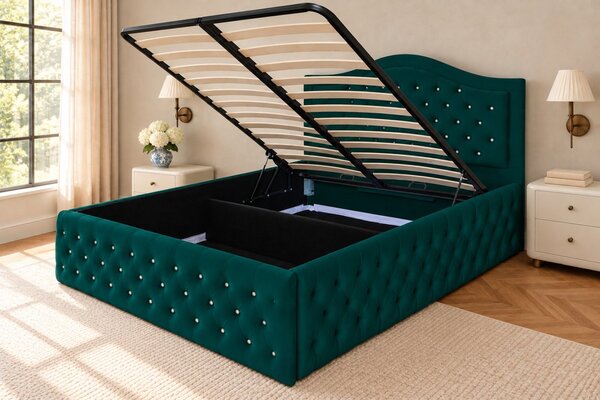 Pat tapițat Chesterfield din catifea Solaria Deluxe Cristal 120×200 cm, verde, cu ladă de depozitare