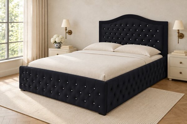 Pat tapițat Chesterfield din catifea Solaria Deluxe Cristal 120×200 cm, negru, cu ladă de depozitare