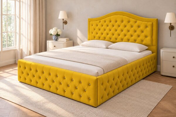 Pat tapițat Chesterfield din catifea Solaria Deluxe Cristal 120×200 cm, galben muștar, cu ladă de depozitare