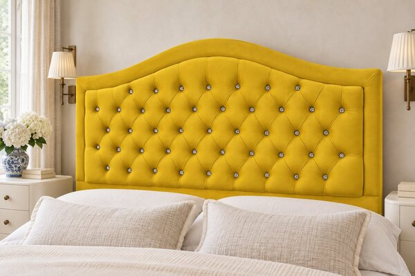 Pat tapițat Chesterfield din catifea Solaria Deluxe Cristal 120×200 cm, galben muștar, cu ladă de depozitare