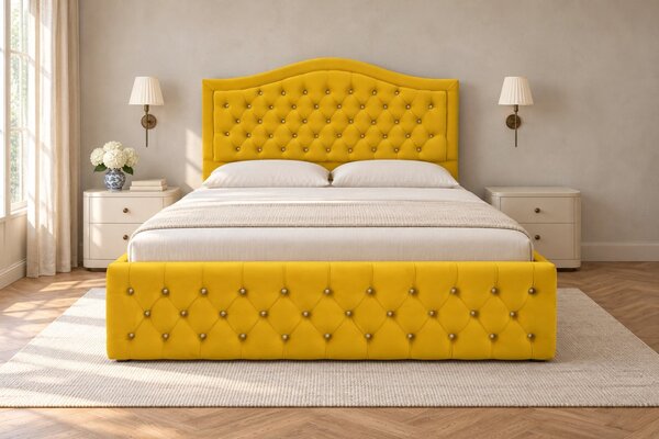Pat tapițat Chesterfield din catifea Solaria Deluxe Cristal 120×200 cm, galben muștar, cu ladă de depozitare