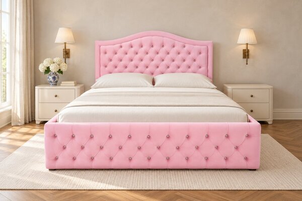 Pat tapițat Chesterfield din catifea Solaria Deluxe Cristal 120×200 cm, roz, cu ladă de depozitare