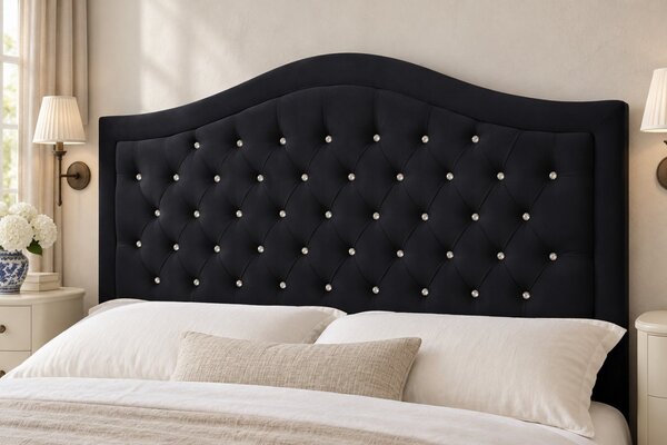 Pat tapițat Chesterfield din catifea Solaria Deluxe Cristal 120×200 cm, negru, cu ladă de depozitare