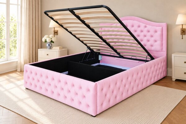 Pat tapițat Chesterfield din catifea Solaria Deluxe Cristal 120×200 cm, roz, cu ladă de depozitare