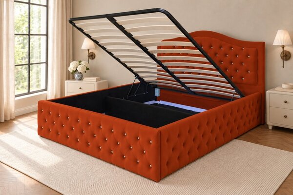Pat tapițat Chesterfield din catifea Solaria Deluxe Cristal 120×200 cm, cărămiziu, cu ladă de depozitare