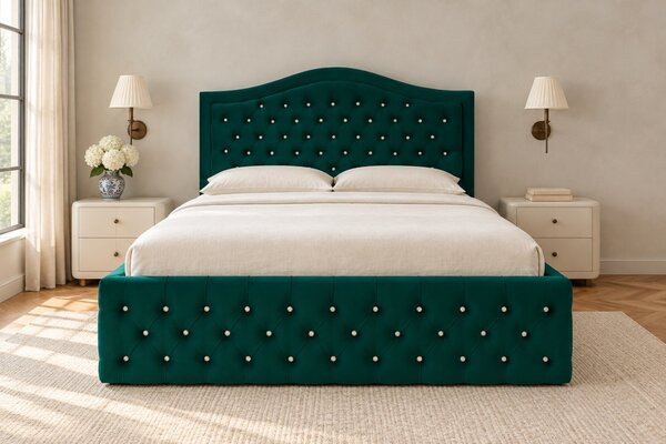 Pat tapițat Chesterfield din catifea Solaria Deluxe Cristal 120×200 cm, verde, cu ladă de depozitare