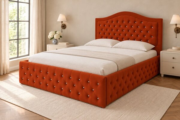 Pat tapițat Chesterfield din catifea Solaria Deluxe Cristal 120×200 cm, cărămiziu, cu ladă de depozitare