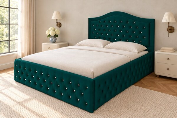 Pat tapițat Chesterfield din catifea Solaria Deluxe Cristal 120×200 cm, verde, cu ladă de depozitare