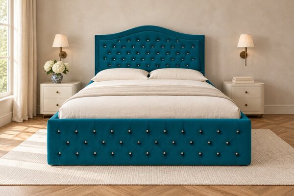 Pat tapițat Chesterfield din catifea Solaria Deluxe Cristal 120×200 cm, turcoaz, cu ladă de depozitare