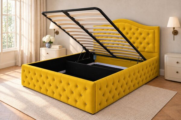 Pat tapițat Chesterfield din catifea Solaria Deluxe Cristal 120×200 cm, galben muștar, cu ladă de depozitare
