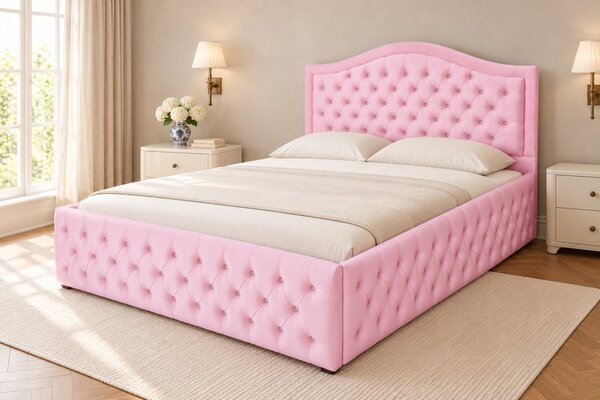 Pat tapițat Chesterfield din catifea Solaria Deluxe Cristal 120×200 cm, roz, cu ladă de depozitare