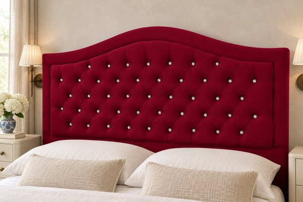 Pat tapițat Chesterfield din catifea Solaria Deluxe Cristal 120×200 cm, vișiniu, cu ladă de depozitare