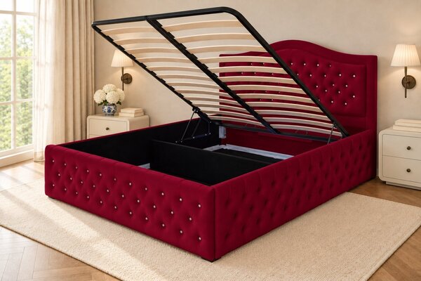 Pat tapițat Chesterfield din catifea Solaria Deluxe Cristal 120×200 cm, vișiniu, cu ladă de depozitare