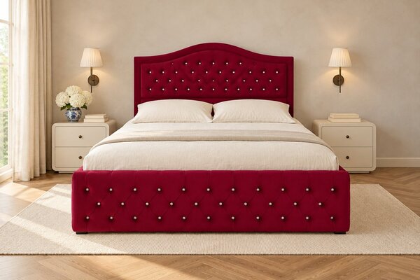 Pat tapițat Chesterfield din catifea Solaria Deluxe Cristal 120×200 cm, vișiniu, cu ladă de depozitare