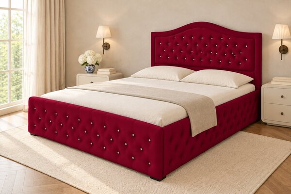 Pat tapițat Chesterfield din catifea Solaria Deluxe Cristal 120×200 cm, vișiniu, cu ladă de depozitare