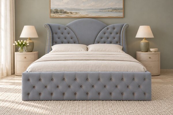 Pat tapițat Chesterfield din catifea Velora 140×200 cm, gri deschis, cu ladă de depozitare