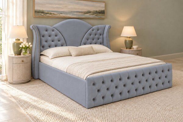 Pat tapițat Chesterfield din catifea Velora 140×200 cm, gri deschis, cu ladă de depozitare