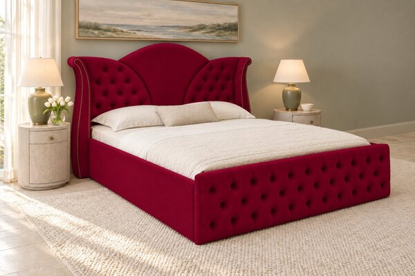 Pat tapițat Chesterfield din catifea Velora 140×200 cm, vișiniu, cu ladă de depozitare