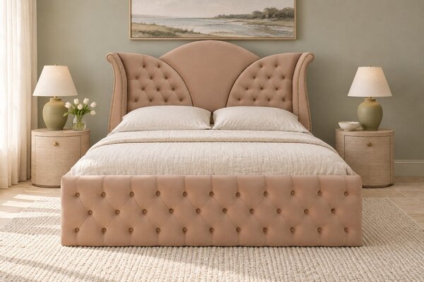 Pat tapițat Chesterfield din catifea Velora 140×200 cm, cappuccino, cu ladă de depozitare