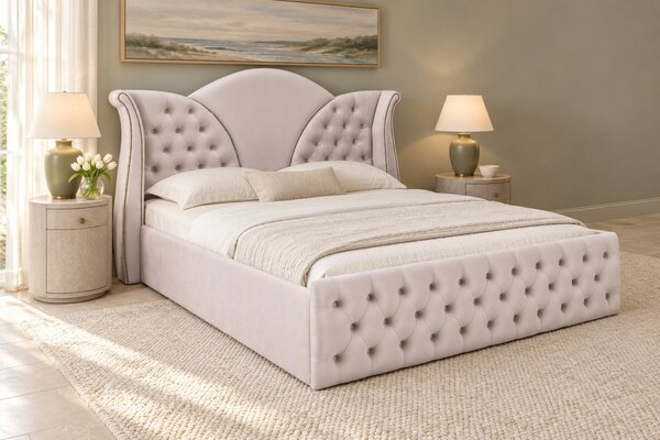Pat tapițat Chesterfield din catifea Velora 140×200 cm, crem, cu ladă de depozitare