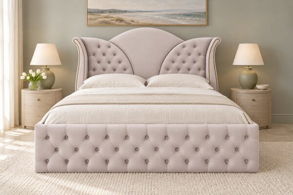 Pat tapițat Chesterfield din catifea Velora 140×200 cm, crem, cu ladă de depozitare