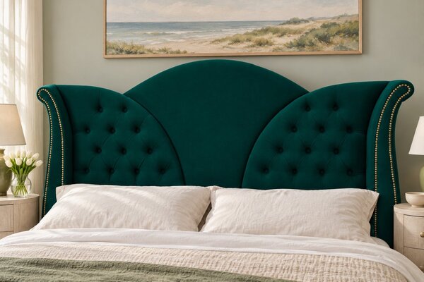 Pat tapițat Chesterfield din catifea Velora 140×200 cm, verde, cu ladă de depozitare