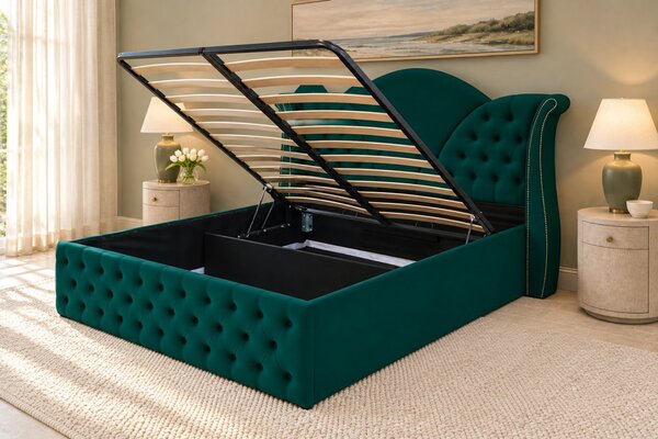 Pat tapițat Chesterfield din catifea Velora 140×200 cm, verde, cu ladă de depozitare