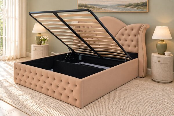 Pat tapițat Chesterfield din catifea Velora 140×200 cm, cappuccino, cu ladă de depozitare