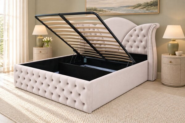 Pat tapițat Chesterfield din catifea Velora 140×200 cm, crem, cu ladă de depozitare