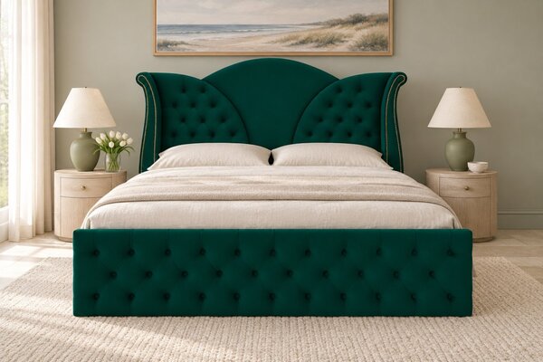 Pat tapițat Chesterfield din catifea Velora 140×200 cm, verde, cu ladă de depozitare