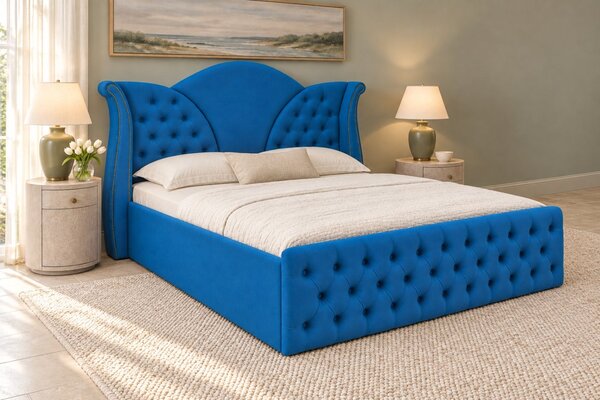 Pat tapițat Chesterfield din catifea Velora 140×200 cm, albastru, cu ladă de depozitare