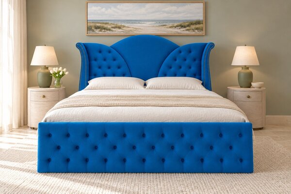 Pat tapițat Chesterfield din catifea Velora 140×200 cm, albastru, cu ladă de depozitare