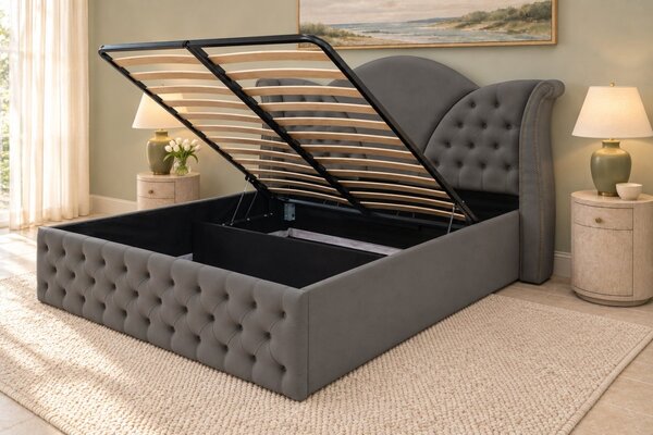 Pat tapițat Chesterfield din catifea Velora 140×200 cm, gri închis, cu ladă de depozitare