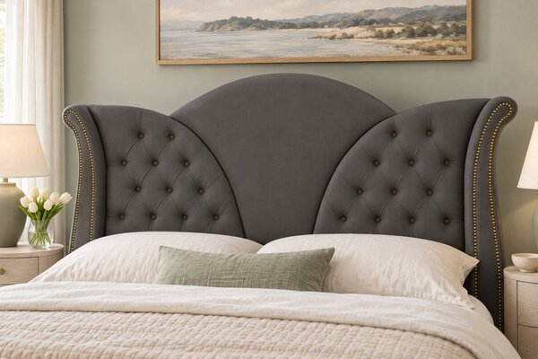 Pat tapițat Chesterfield din catifea Velora 140×200 cm, gri închis, cu ladă de depozitare