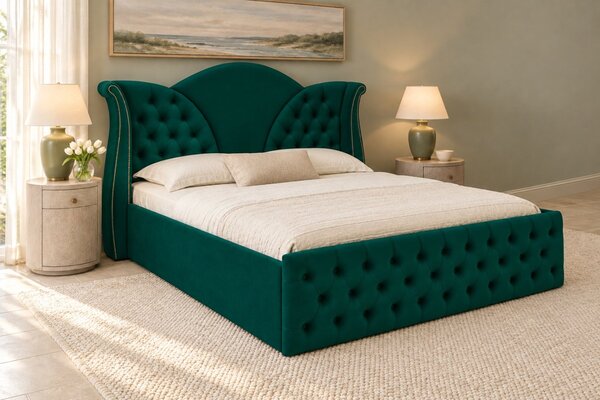 Pat tapițat Chesterfield din catifea Velora 140×200 cm, verde, cu ladă de depozitare