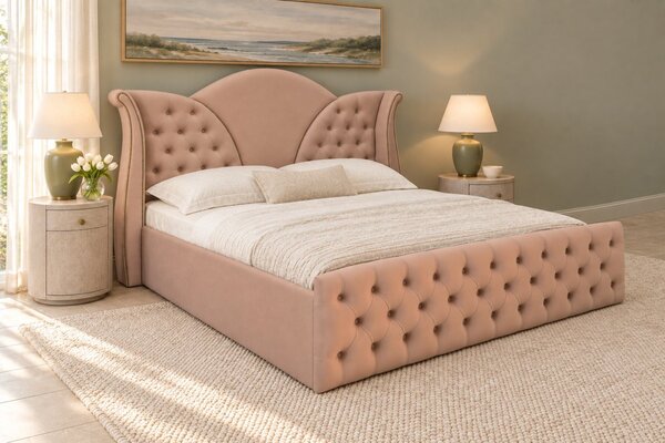Pat tapițat Chesterfield din catifea Velora 140×200 cm, cappuccino, cu ladă de depozitare