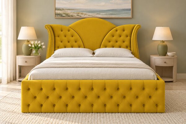 Pat tapițat Chesterfield din catifea Velora 140×200 cm, galben muștar, cu ladă de depozitare